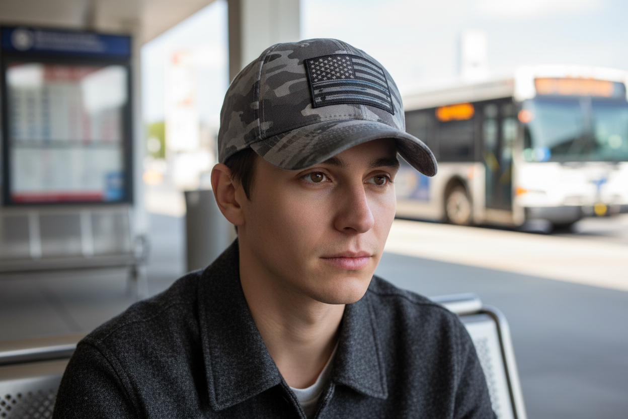 Gray Camo Hat with Faux Leather/ Vinyl Flag