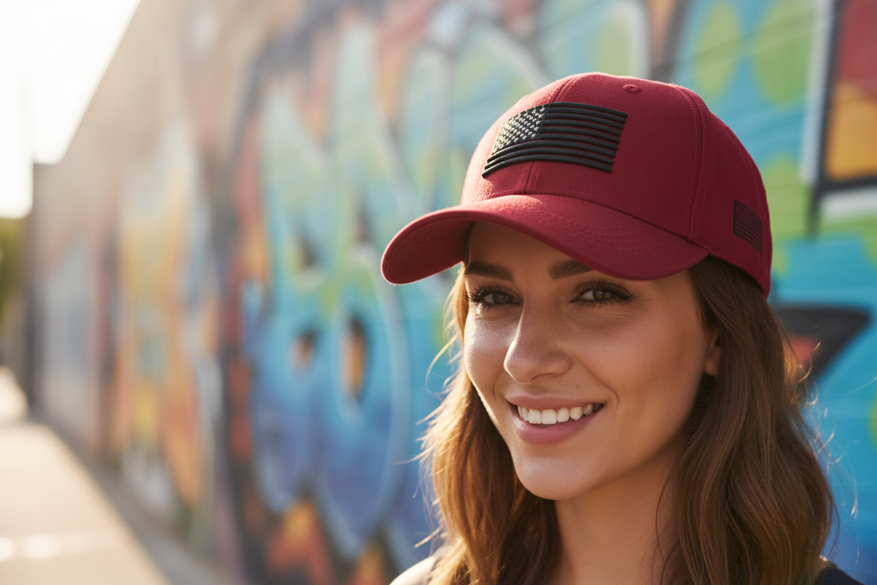 Burgundy Hat with Embroidered Flag
