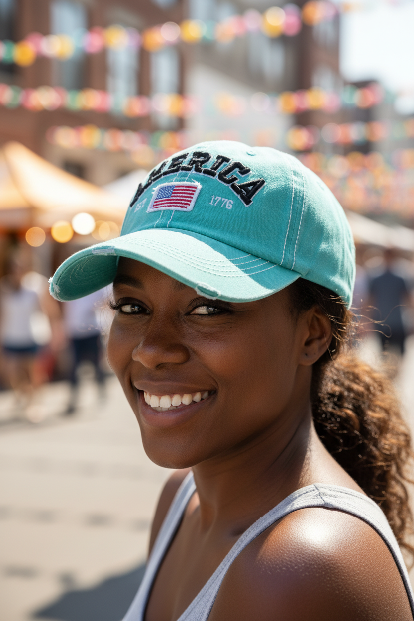 America Hat with US Flag- Lake Blue