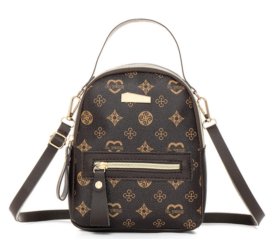 Dark Brown Colored Printed Mini Backpack