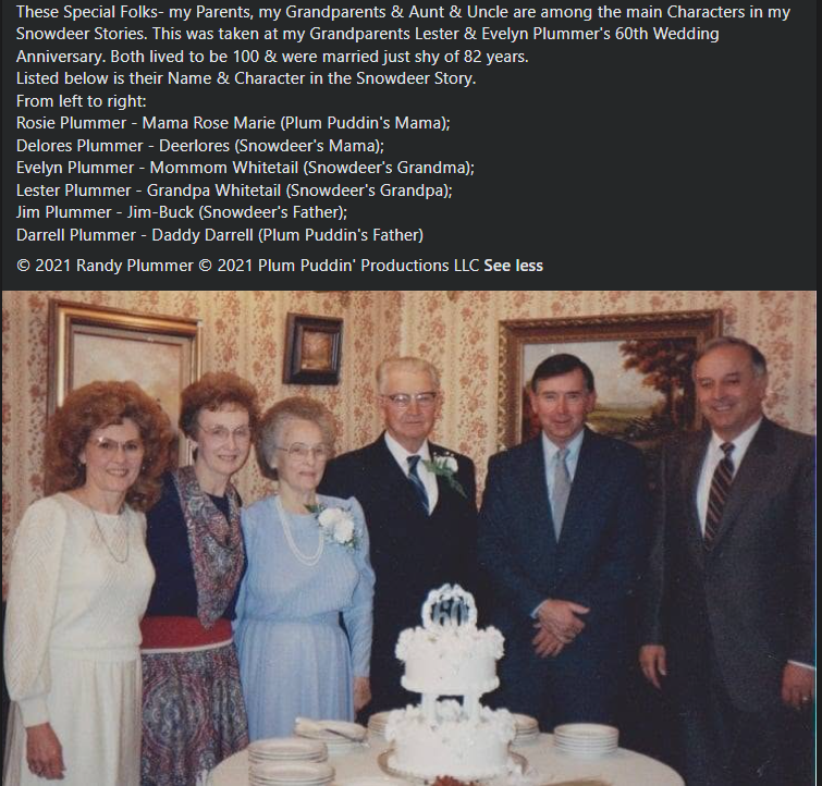 Members of Randy Plummer's family who inspired Mama Rose Marie, Deerlores, Momma Whitetail, Grandpa Whitetail, Jim-Buck and Daddy Darrell in the SnowDeer stories