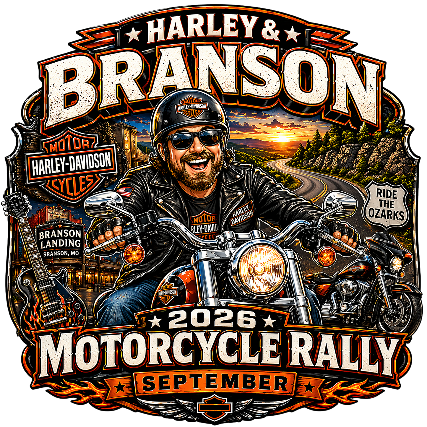 Branson H.O.G. rally design with a rider on a scenic road.