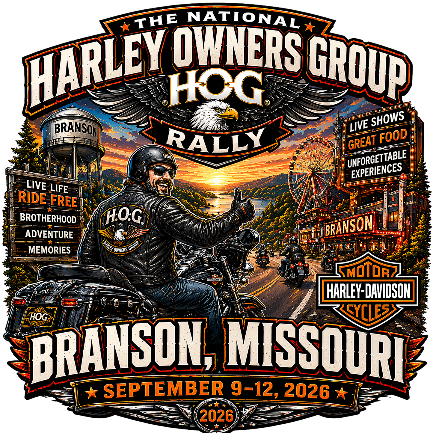 Promotional graphic for the National Harley Owners Group (HOG) Rally in Branson, Missouri featuring a rider on a motorcycle.