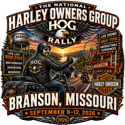 Promotional graphic for the National Harley Owners Group (HOG) Rally in Branson, Missouri featuring a rider on a motorcycle.