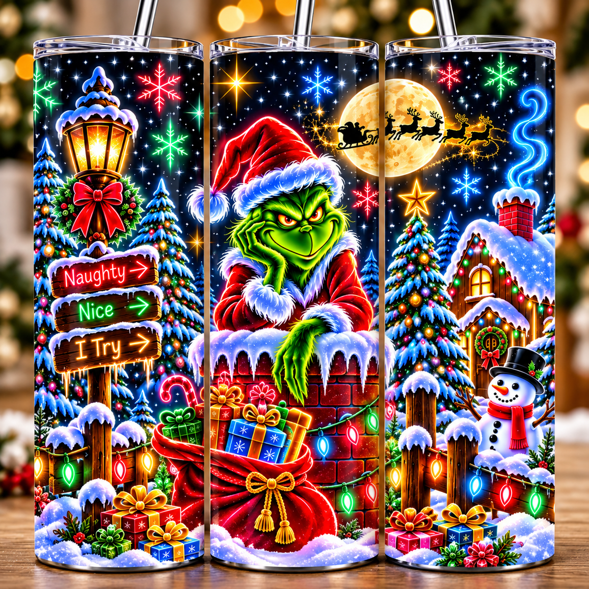 Grinch Christmas 20oz Skinny Tumbler with Straw | Naughty Nice I Try Funny Holiday Cup