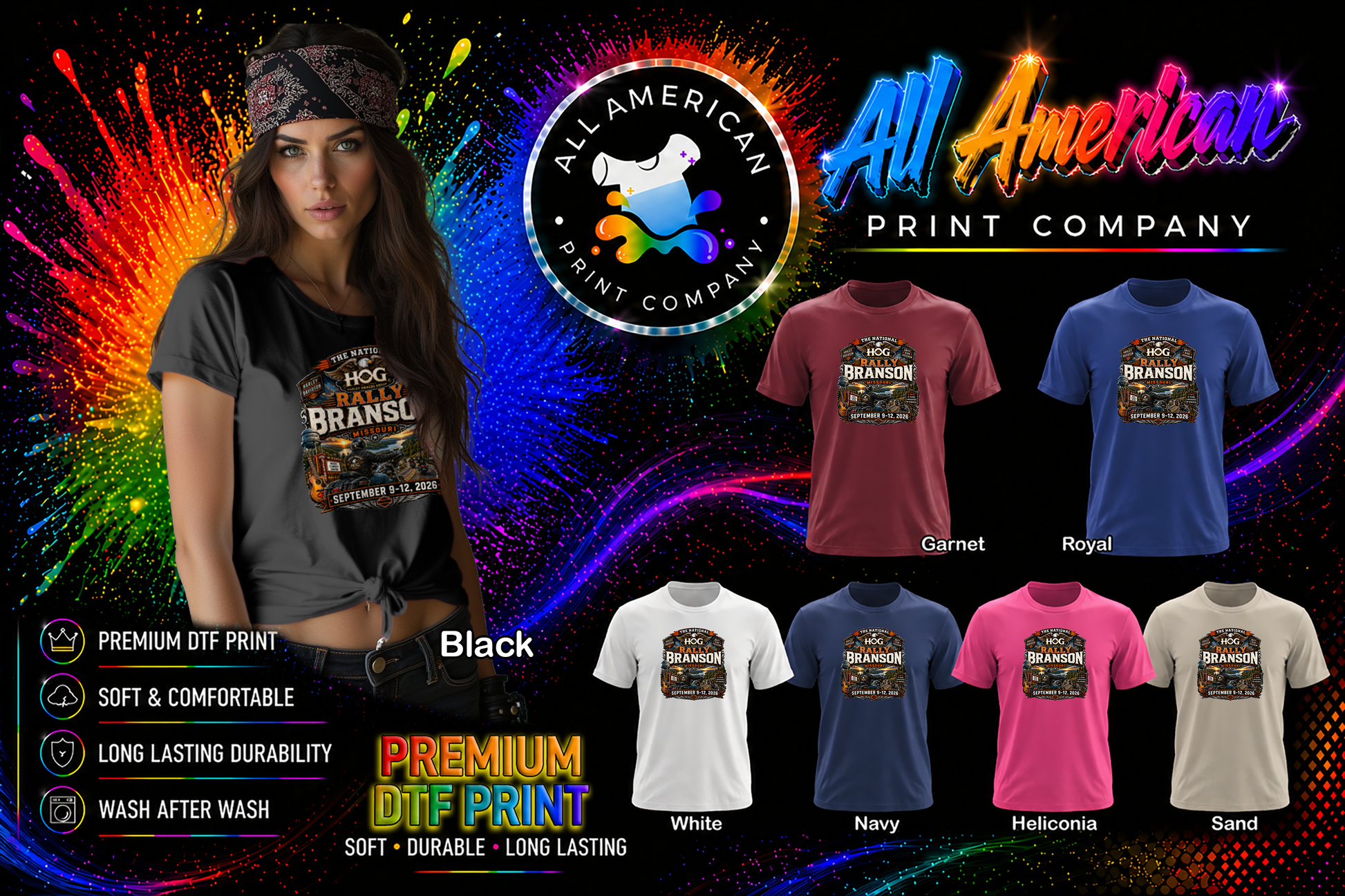 Promotional graphic for All American Print Company featuring a woman and various t-shirt colors.