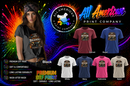 Promotional graphic for All American Print Company featuring a woman and various t-shirt colors.