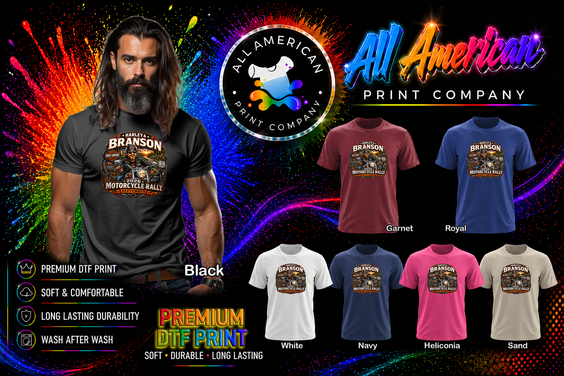 Man wearing a t-shirt with 'Branson H.O.G.' design, surrounded by various colored t-shirts and All American Print Company branding.