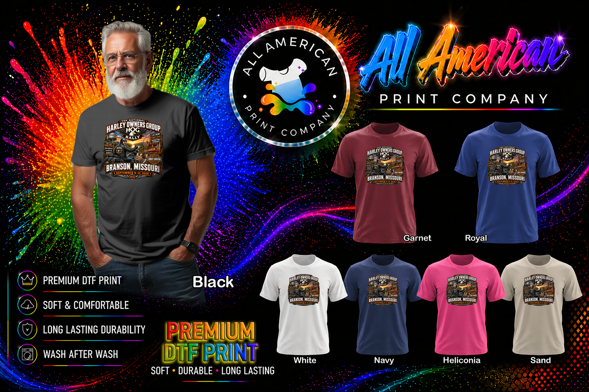 Man wearing a black t-shirt with a graphic design, surrounded by color swatches and All American Print Company branding.