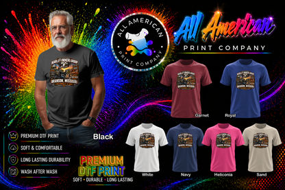 Man wearing a black t-shirt with a graphic design, surrounded by color swatches and All American Print Company branding.