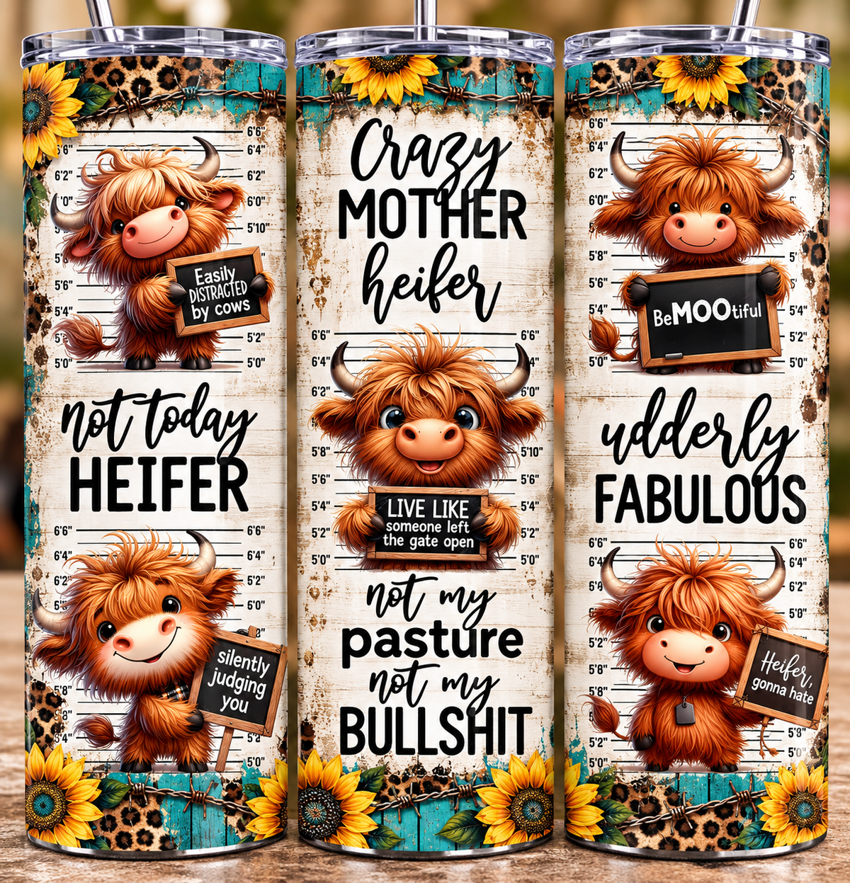 Three views of a 20oz skinny tumbler with Highland cows, sunflowers, turquoise leopard print and funny heifer sayings
