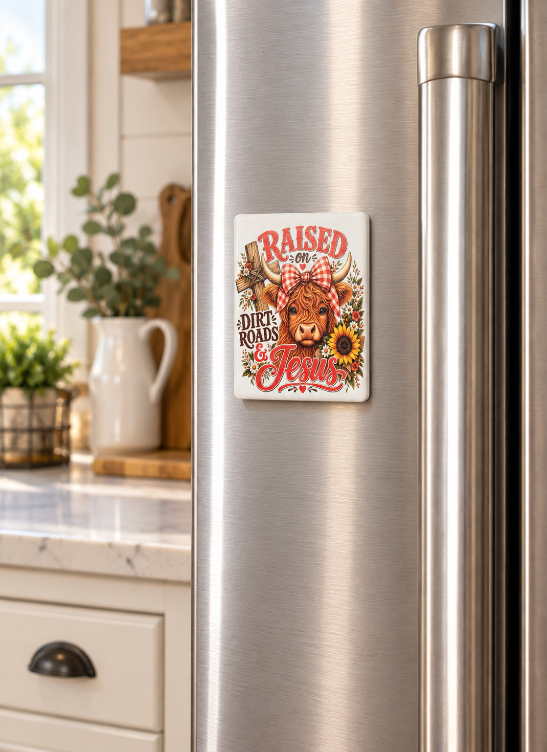 Raised on Dirt Roads and Jesus - Ceramic Magnet