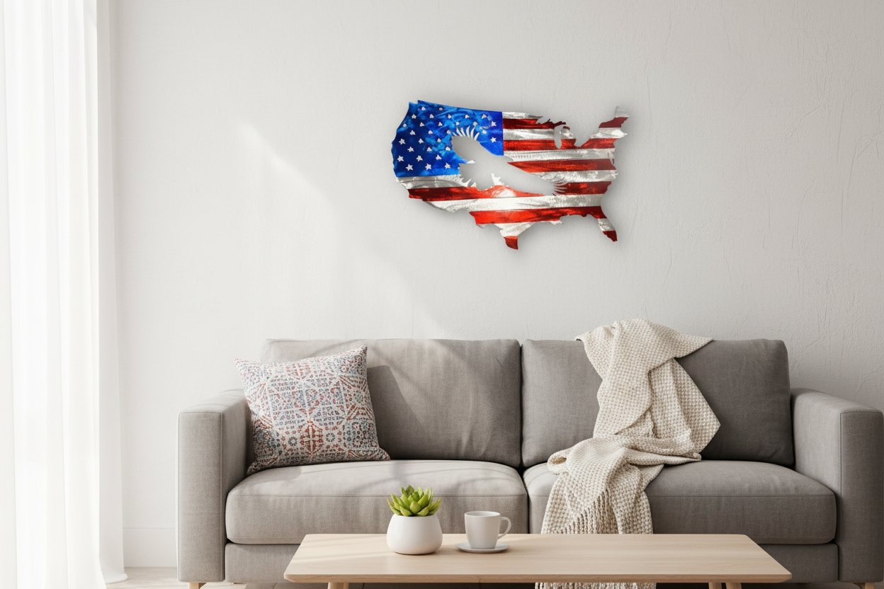 US Flag with Eagle flying Metal Wall Decor