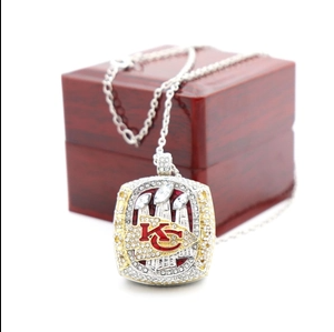 American Football Championship Ring Pendant Necklace Gold Silver Plated Alloy Red KC Logo Rhinestone Inlaid Super Bowl Winner Commemorative Jewelry Collectible