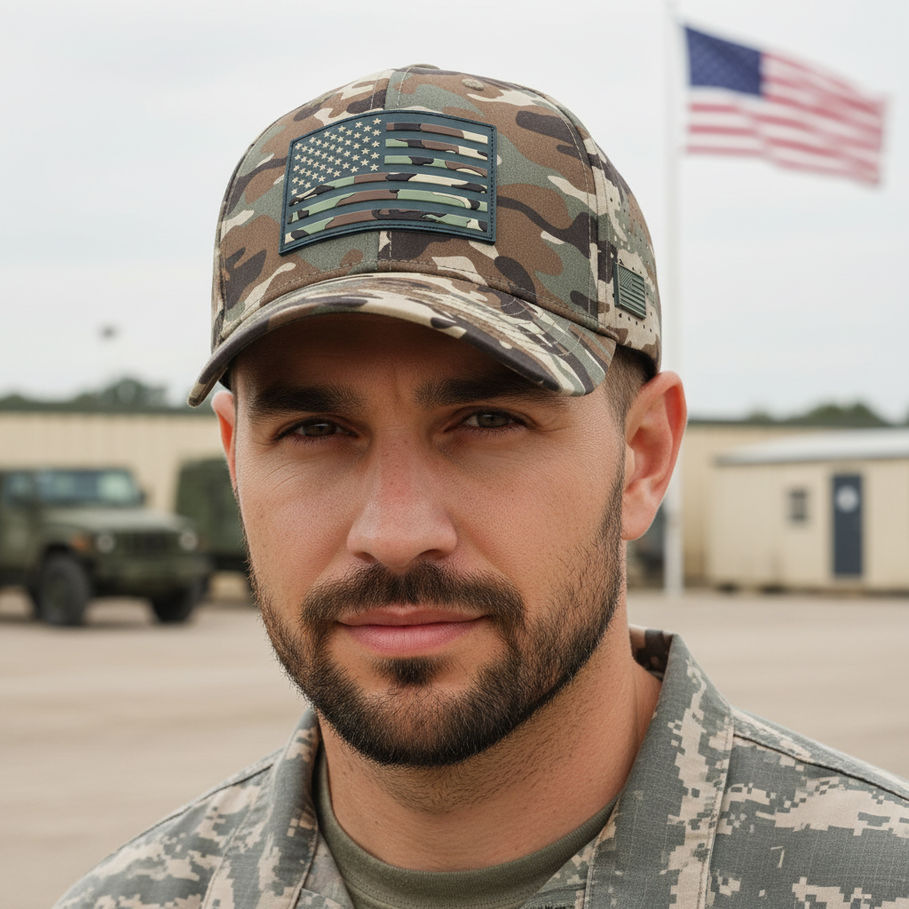 Army Green Camo Hat with Faux Leather/ Vinyl Flag