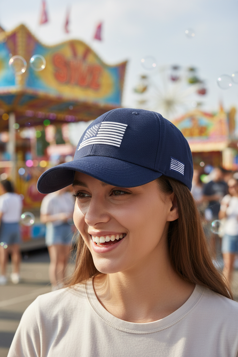 Navy Blue Hat with Embroidered Flag