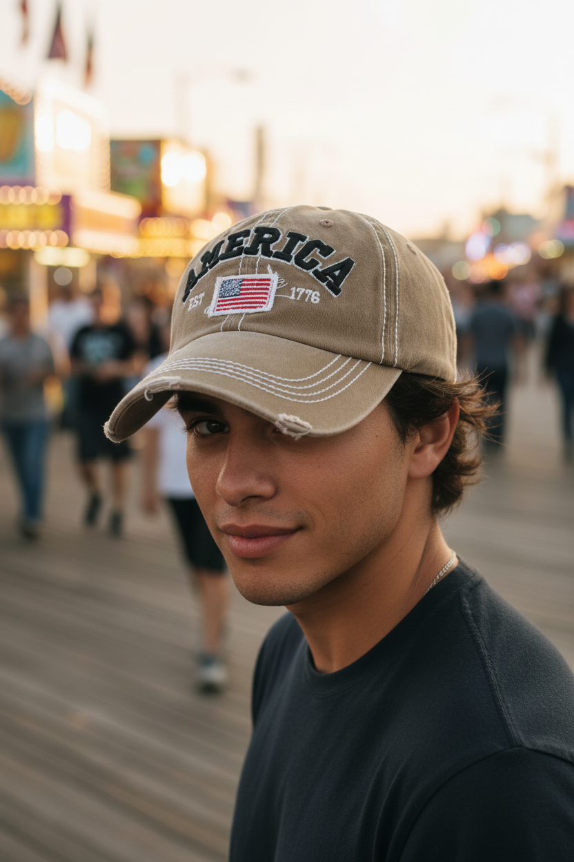 America Hat with US Flag- Khaki