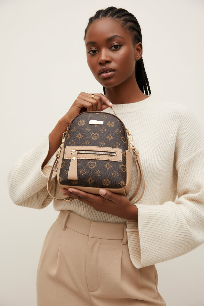 Apricot Colored Printed Mini Backpack