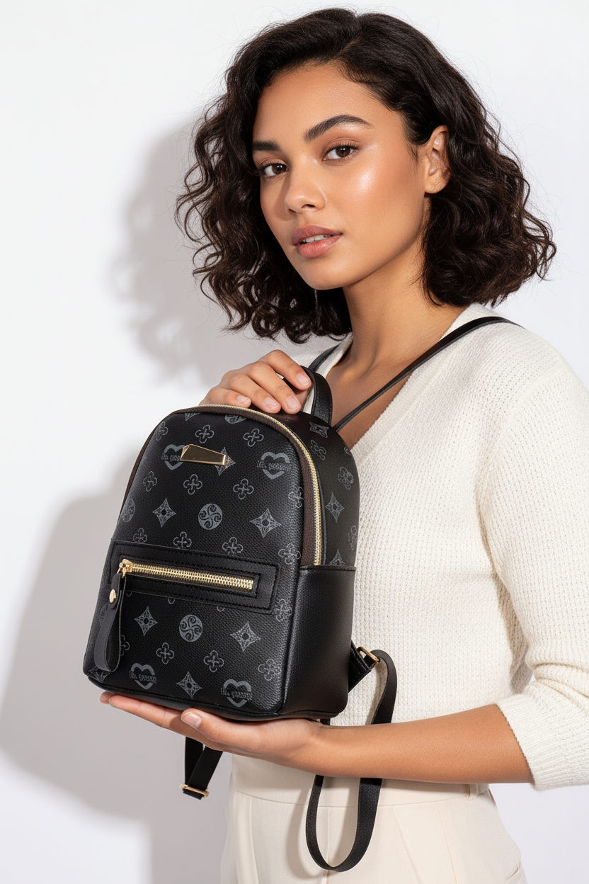 Black Colored Printed Mini Backpack