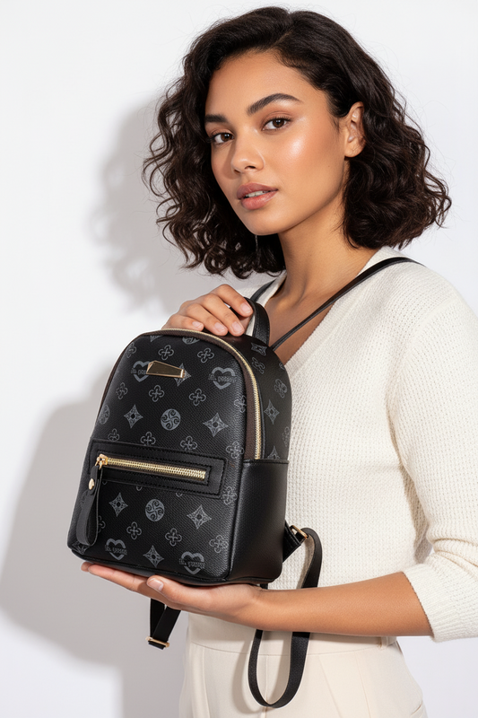 Black Colored Printed Mini Backpack