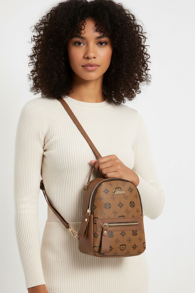 Khaki Colored Printed Mini Backpack