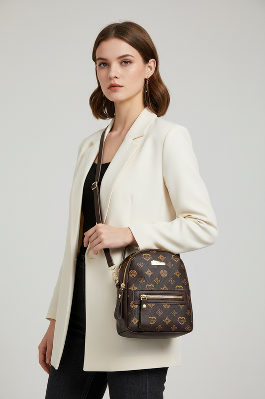 Dark Brown Colored Printed Mini Backpack