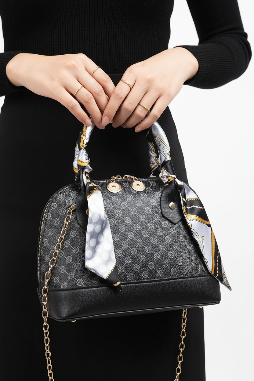 Vintage Printed Handbag/Crossbody Bag - Black