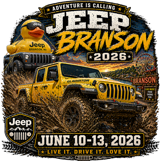 Promotional graphic for Jeep Branson event featuring a yellow Jeep and rubber duck.