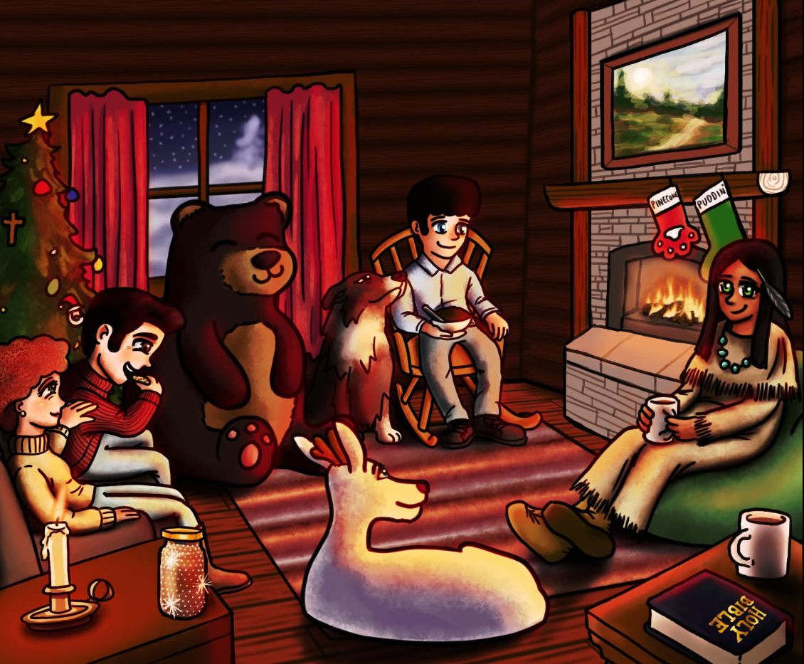 SnowDeer characters gathered together at Plum Puddin's cabin, reflecting the friendship, family and sense of home at the heart of the stories