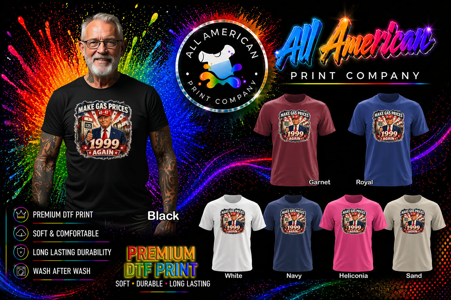 Man wearing a t-shirt with graphic design and 'All American Print Company' branding.
