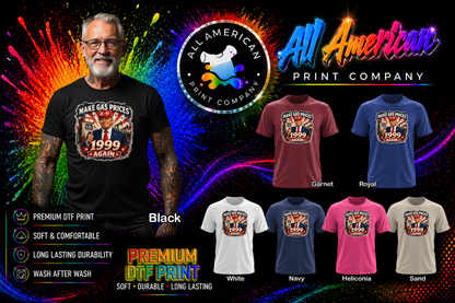 Man wearing a t-shirt with graphic design and 'All American Print Company' branding.