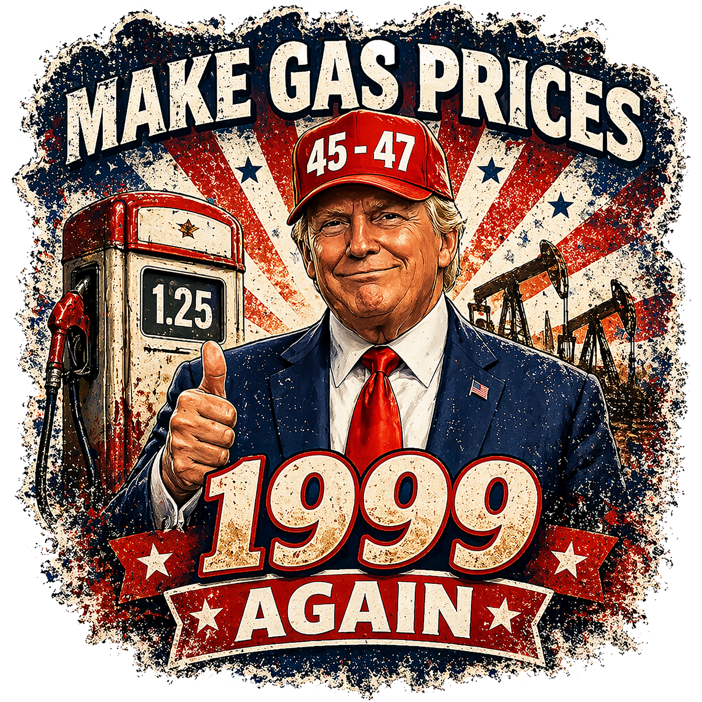 Image of Trump in a suit with text 'Make gas prices 1999 again' and a gas pump in the background.