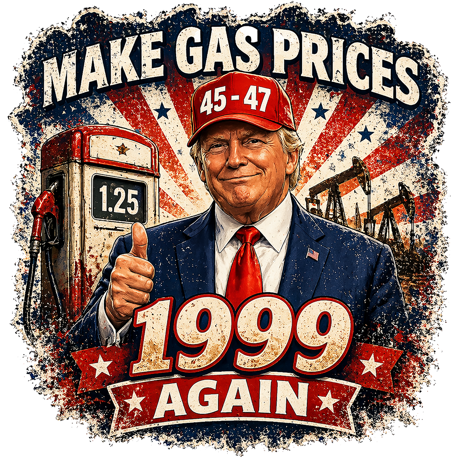 Image of Trump in a suit with text 'Make gas prices 1999 again' and a gas pump in the background.